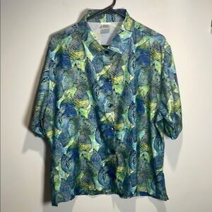 Blue and Green Casual Button Down Shirt with Tropical Print Men L